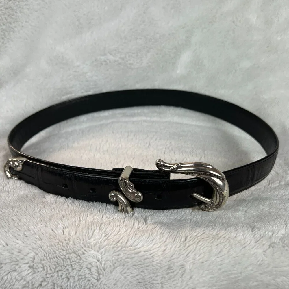Brighton Western Belt Womens Medium Black Leather Alligator Embossed‎ Silver M